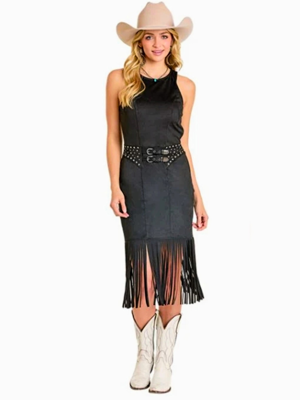 Black Fringe Midi Dress with Studded Waist Belt